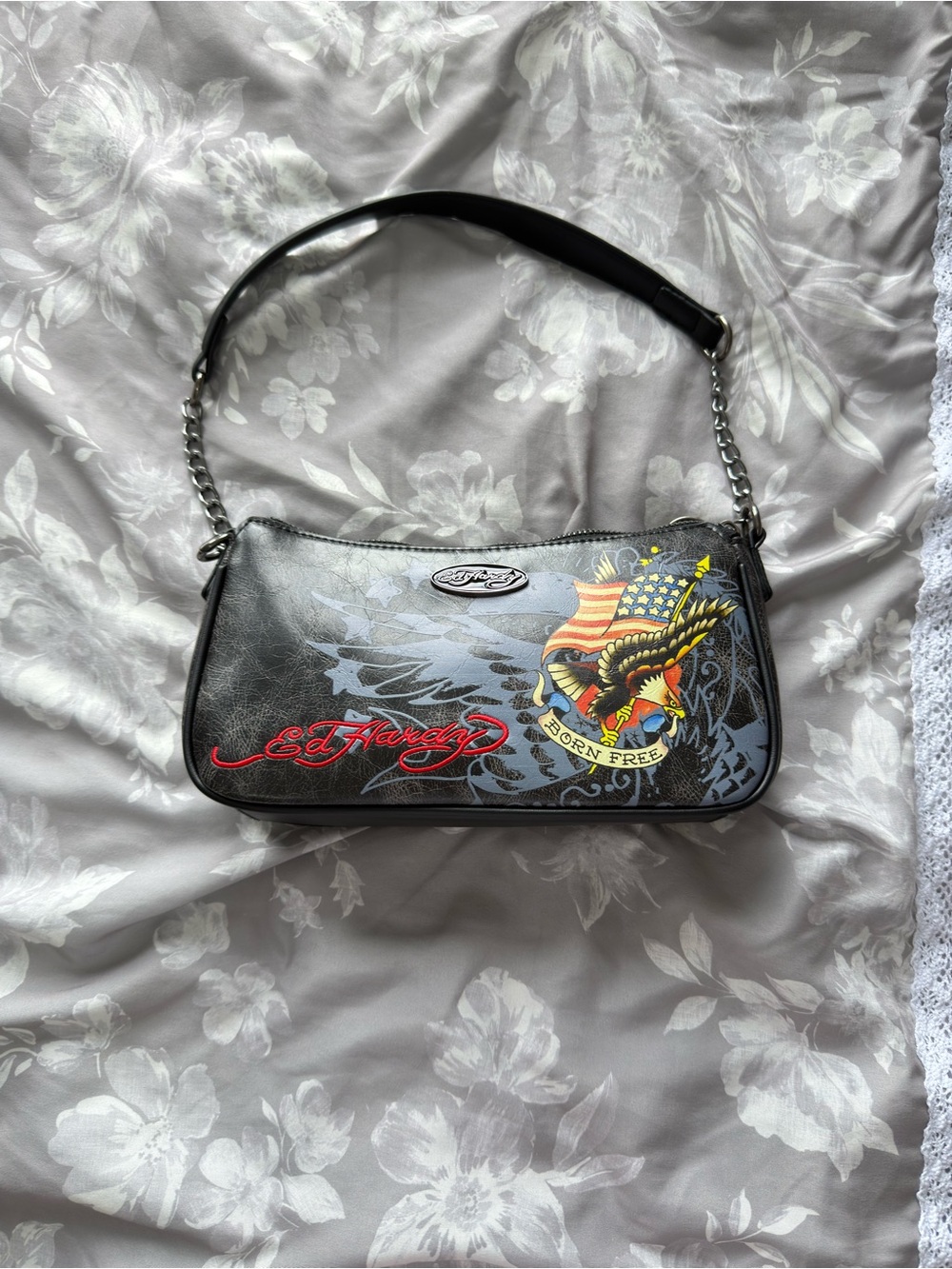 Ed Hardy Black Shoulder Bag with Red Logo and Multicolor Eagle Graphic